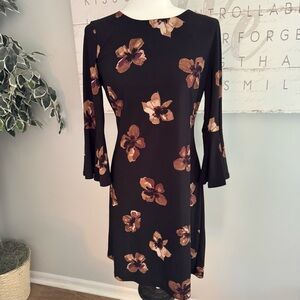 Tommy Hilfiger Women’s Black Floral Bell Sleeve Dress Size 6 Stretchy Dark Fairy